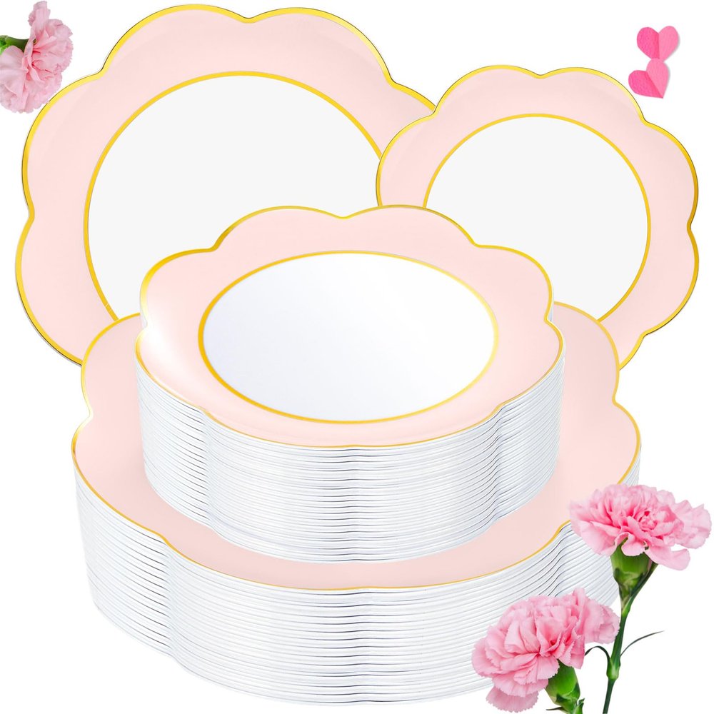 60-Pcs Pink Gold Rim Disposable Plastic Party Plates For Weddings