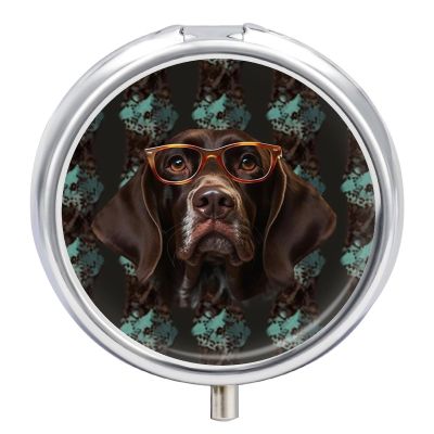 German Shorthaired Pointer in Glasses Medicine Pill Case, 3 Compartment Round Pill Box, Portable Decorative Medicine Organizer for Pocket Or Purse Vitamin Organize