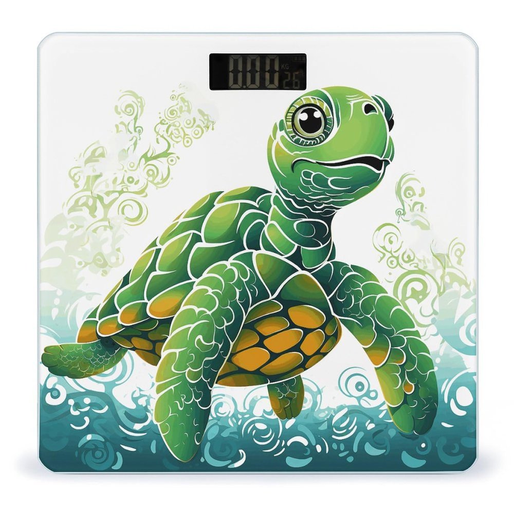 Cartoon Turtle Pattern Scale for Body Weight Highly Accurate Digital Bathroom Body Scale Digital Body Weight Scale Tempered Glass LCD Display Batteries and Tape Measure