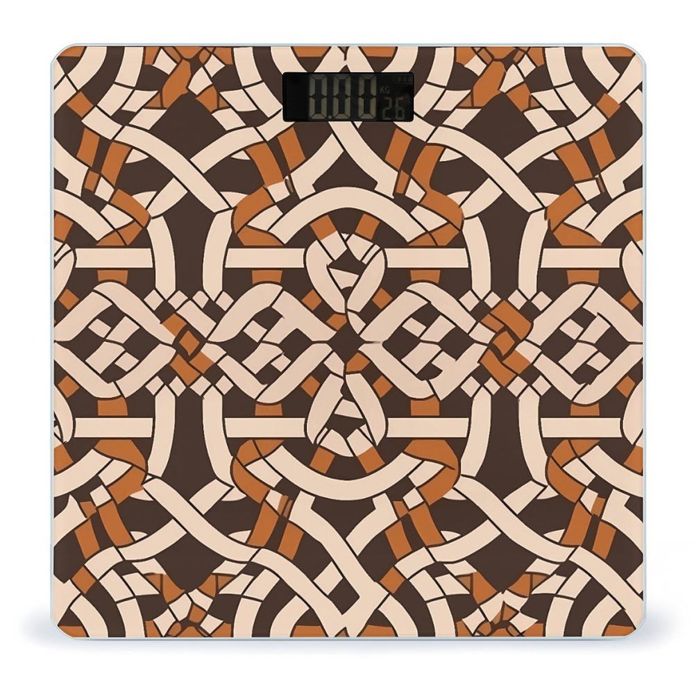 Brown Geometric Pattern Scale for Body Weight Highly Accurate Digital Bathroom Body Scale Digital Body Weight Scale Tempered Glass LCD Display Batteries and Tape Measure