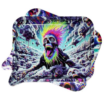 Metal Rolling Tray with 3D Magnetic Lid and Funnel - Small 7x5.5 inches - Unique Designs (Trippy Skull)