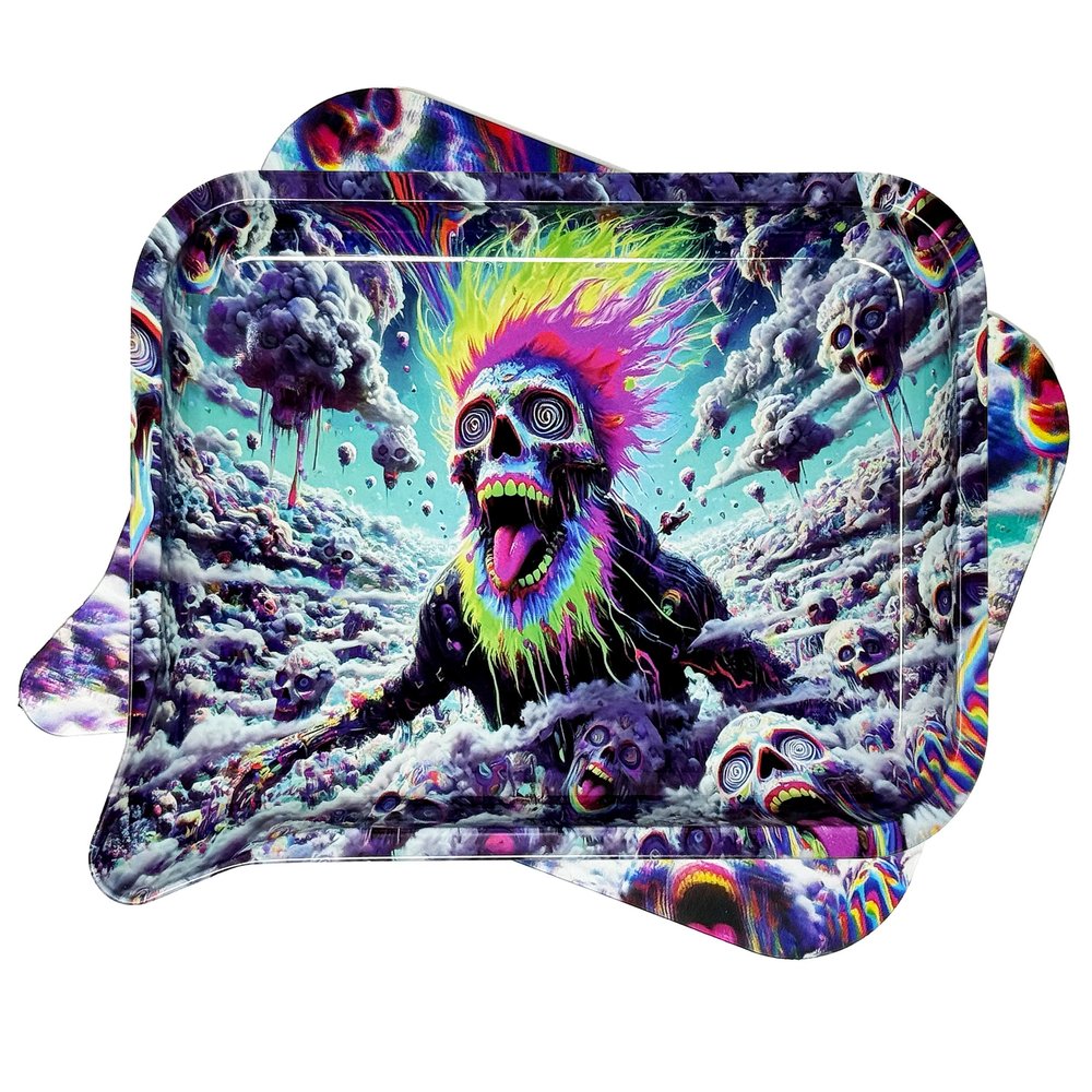 Metal Rolling Tray with 3D Magnetic Lid and Funnel - Small 7x5.5 inches - Unique Designs (Trippy Skull)