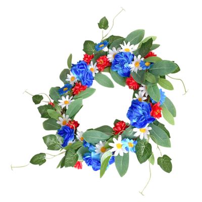 CORHAD Artificial Daisy Wreath Colorful Flowers and Eucalyptus for Spring Front Door Decoration Lifelike Floral Wreath for Indoor and Outdoor Use Festive Home Decor