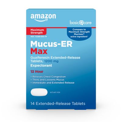Amazon Basic Care Maximum Strength Chest Congestion and Mucus Relief, Guaifenesin Extended-Release Tablets, 1200 mg 14 Count 1 Pack