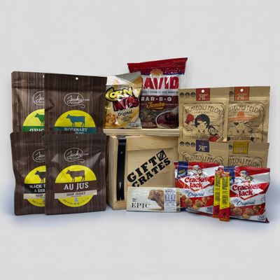 Beef Jerky Gift Crate, Eight Awesome Assortments of Jerky, A great gift for everyone, Sealed in a Wooden Crate with a Crowbar to open, Fun to open.