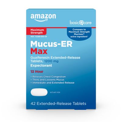 Amazon Basic Care Maximum Strength Chest Congestion and Mucus Relief, Guaifenesin Extended-Release Tablets, 1200 mg 42 Count 1 Pack