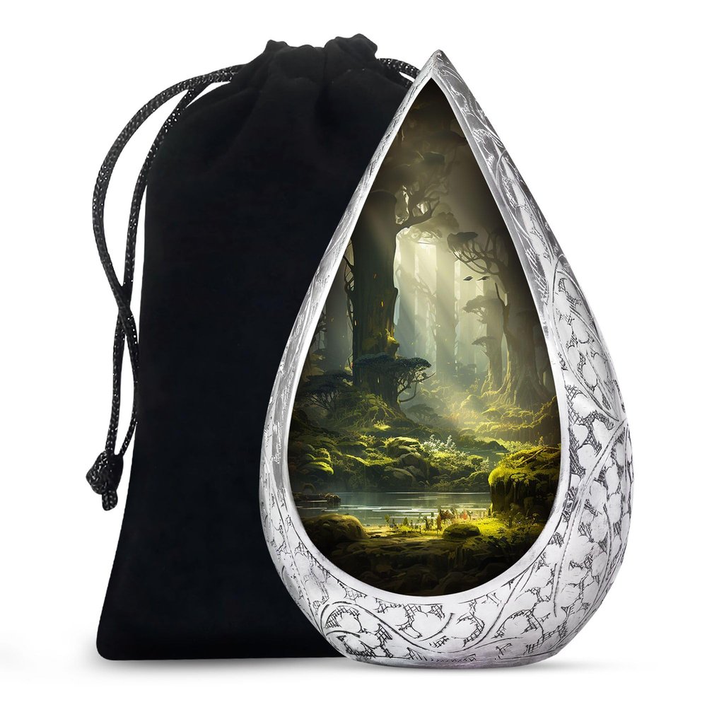 Remembrate Forest Burial Urn for Ashes Adult Female - Sunrays Large Cremains Containers 10 Inch - Funeral Urns for Adult Ashes Men - Green Urns for Human Remains - Teardrop Urn for Mom