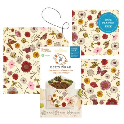Bee's Wrap Vegan Beeswax Wraps for Food - 3 Pack of Assorted Beeswax Wraps - 2 Medium & Sandwich Wrap - Plastic Free Made in USA Reusable Natural Food Wrap - Meadow Magic