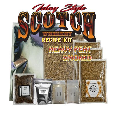 Tapcraft Scotch Whiskey Recipe Kit Islay Style 100% Malt Heavy Peat Smoke Flavor Includes Peated Malt, LME, Barley, Yeast, Nutrients, Oak Chips & Instructions All-Grain + Extract Home Distilling Ki