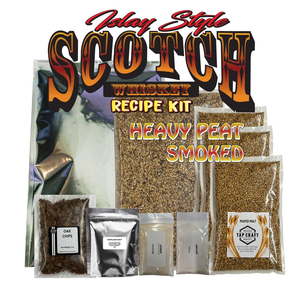 Tapcraft Scotch Whiskey Recipe Kit Islay Style 100% Malt Heavy Peat Smoke Flavor Includes Peated Malt, LME, Barley, Yeast, Nutrients, Oak Chips & Instructions All-Grain + Extract Home Distilling Ki