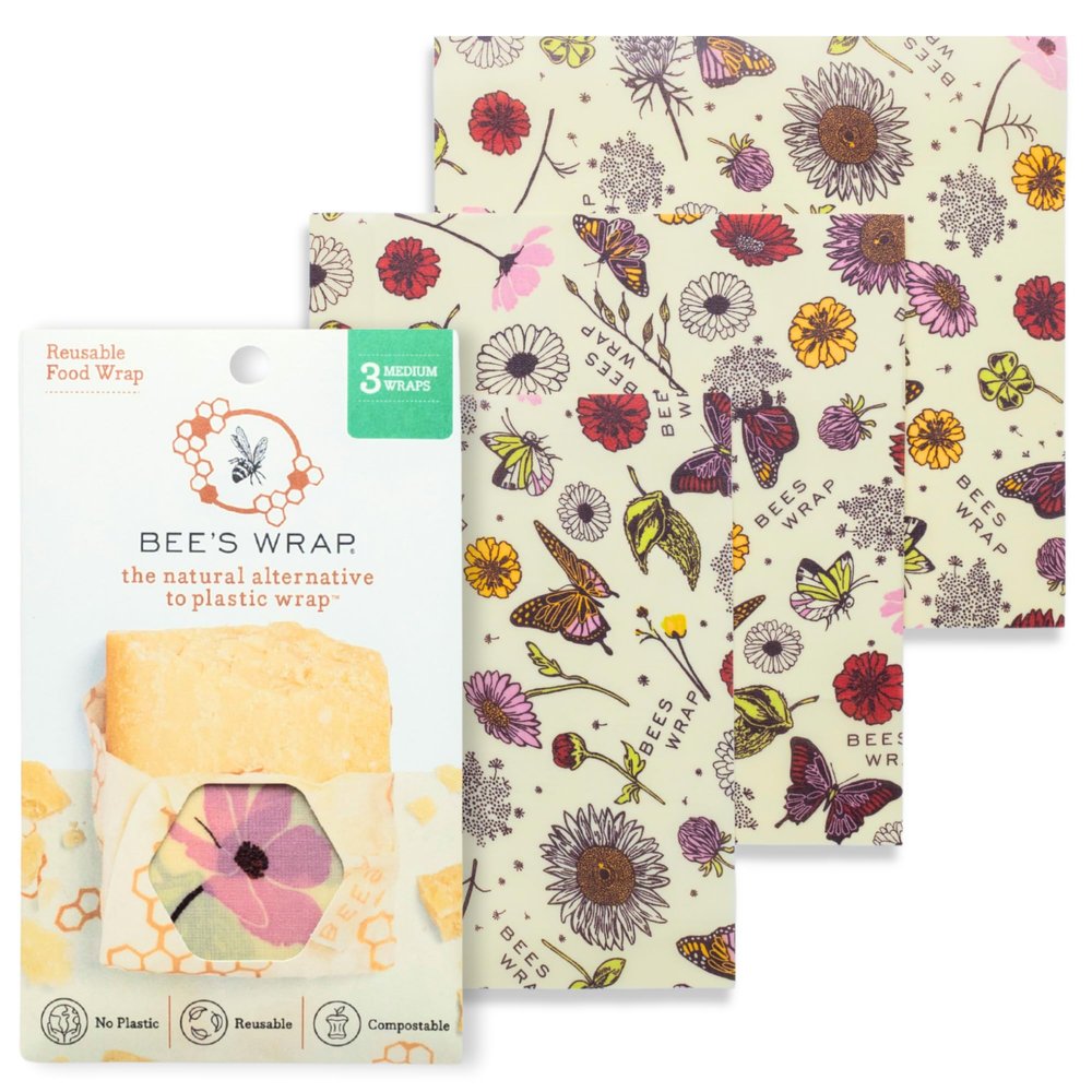 Bee's Wrap Vegan Beeswax Wraps for Food - 3 Pack of Medium Beeswax Wraps - Plastic Free Made in USA Reusable Natural Food Wrap - Meadow Magic Print
