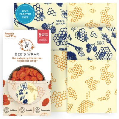 Bee's Wrap Beeswax Wraps for Food - Assorted 5 Pack of Beeswax Wraps - 2 Large & 3 Medium Wrap - Plastic Free Made in USA Reusable Natural Food Wrap - Honeycomb & Bees + Bears
