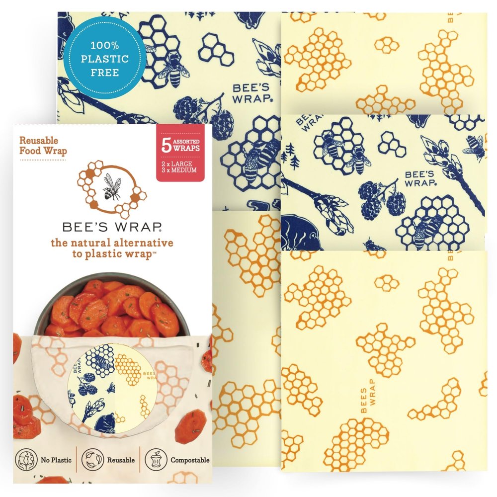 Bee's Wrap Beeswax Wraps for Food - Assorted 5 Pack of Beeswax Wraps - 2 Large & 3 Medium Wrap - Plastic Free Made in USA Reusable Natural Food Wrap - Honeycomb & Bees + Bears