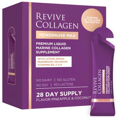 Revive Collagen Menopause Max Hydrolyzed Marine Collagen Drink for Women, 10,000MG, Lutein, Reishi Mushroom, Vitamin B6, B12, C & D, for Skin & Eye Wellness, Pineapple & Coconut Flavour 28 Packets