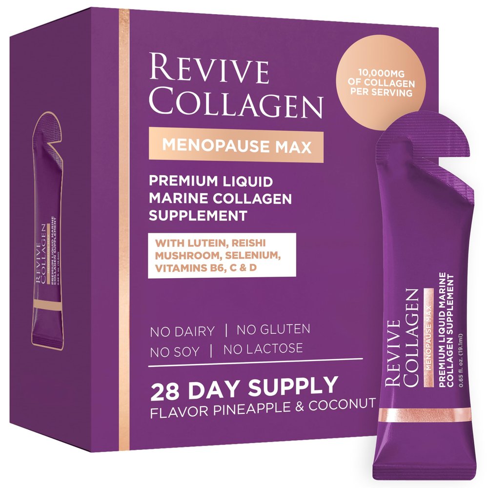 Revive Collagen Menopause Max Hydrolyzed Marine Collagen Drink for Women, 10,000MG, Lutein, Reishi Mushroom, Vitamin B6, B12, C & D, for Skin & Eye Wellness, Pineapple & Coconut Flavour 28 Packets