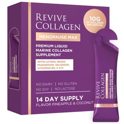 Revive Collagen Menopause Max Hydrolyzed Marine Collagen Drink for Women, 10,000MG, Lutein, Reishi Mushroom, Vitamin B6, B12, C & D, for Skin & Eye Wellness, Pineapple & Coconut Flavour 14 Packets