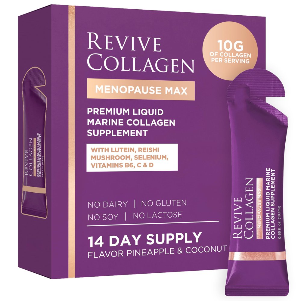 Revive Collagen Menopause Max Hydrolyzed Marine Collagen Drink for Women, 10,000MG, Lutein, Reishi Mushroom, Vitamin B6, B12, C & D, for Skin & Eye Wellness, Pineapple & Coconut Flavour 14 Packets