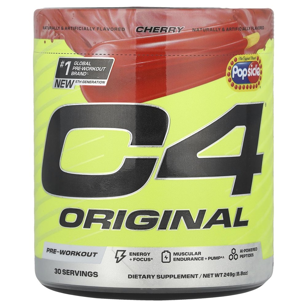 C4 Original Pre Workout Popsicle Cherry - Pre-Workout for Endurance, Focus & Performance with 200mg Caffeine, Beta-Alanine, Creatine Nitrate, L-Arginine & PeptiPump Sugar Free, 30 Serv