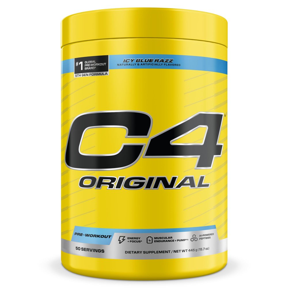 C4 Original Pre Workout Pre-Workout for Endurance, Focus & Performance with 200mg Caffeine, Beta-Alanine, Creatine Nitrate, L-Arginine & PeptiPump Sugar Free, 50 Servings, ICY Blue Razz