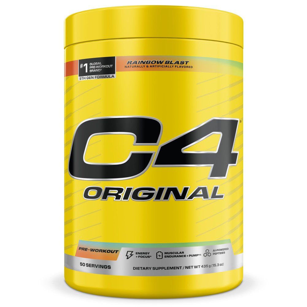 C4 Original Pre Workout Pre-Workout for Endurance, Focus & Performance with 200mg Caffeine, Beta-Alanine, Creatine Nitrate, L-Arginine & PeptiPump Sugar Free, 50 Servings, Rainbow Blast