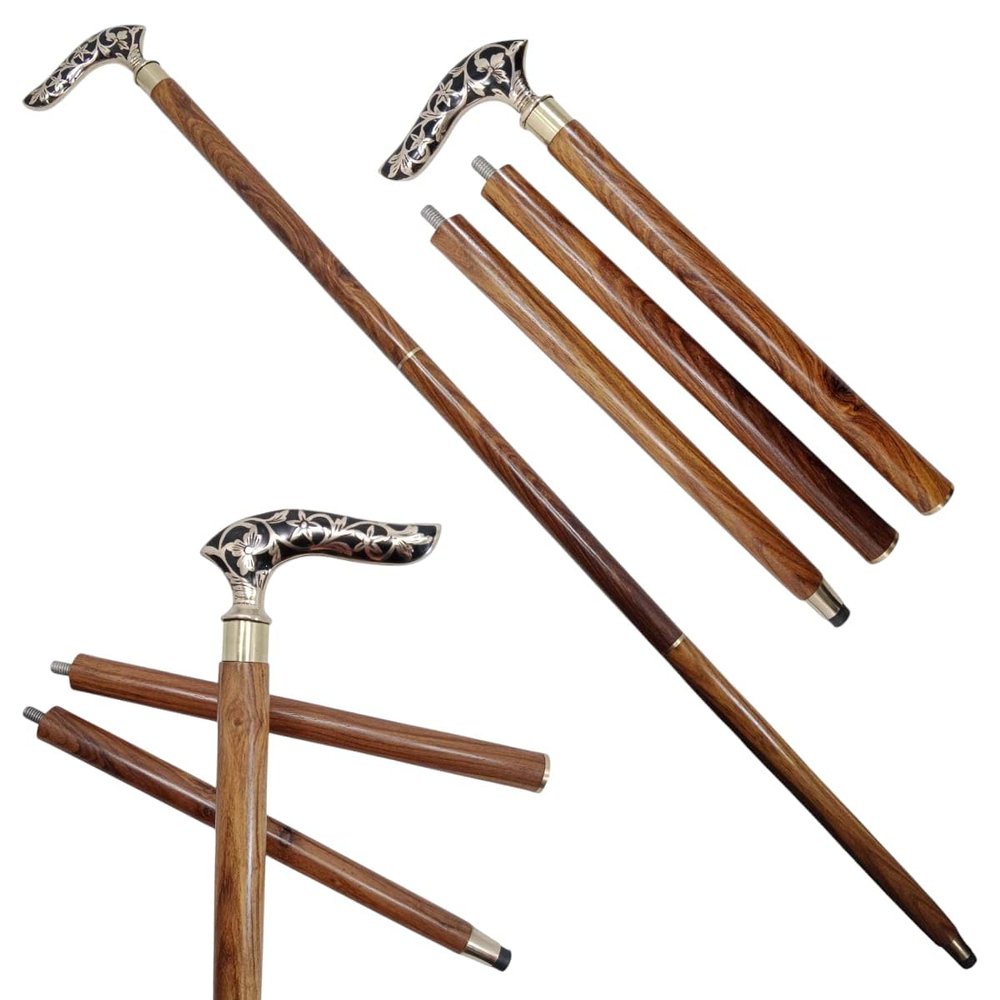Handcrafted Wooden Walking Cane with Brass Handle Vintage Solid Wooden Foldable Walking Stick for Men Women Elderly People