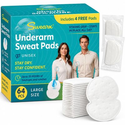 Swearx Underarm Sweat Pads for Women & Men Disposable Armpit Sweat Pads, Dress Shields & Sweat Guards, Helps with Hyperhidrosis, Odor Absorbing, Adhesive, Unscented, 64 Ct (32 Pairs)