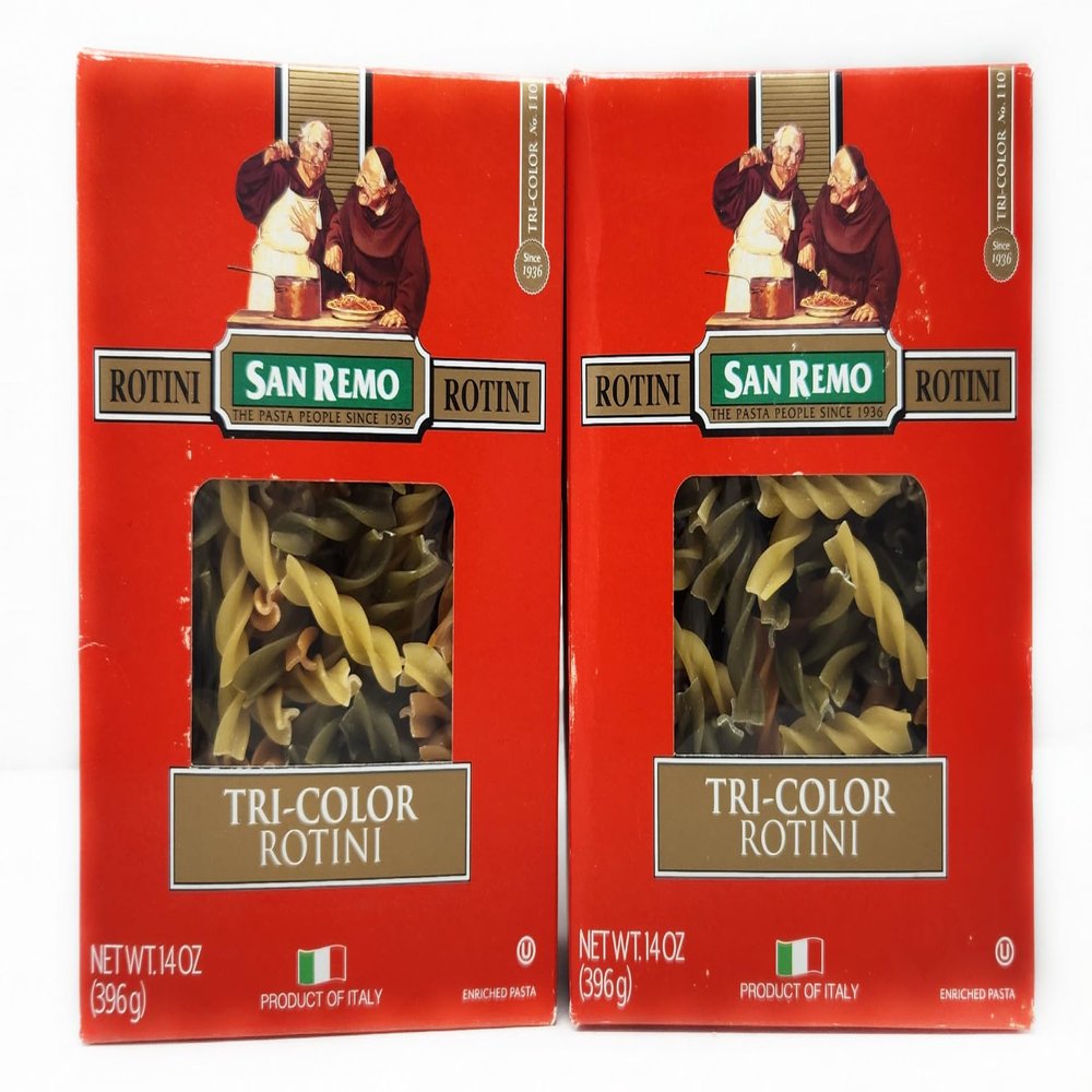 2 Boxes of Pasta Imported From Italy San Remo The Pasta People Since 1946 (14oz, Tri-Color Rotini)