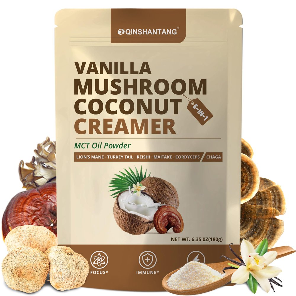 Mushroom Coffee Creamer, Vanilla Coconut Creamer, Probiotics, MCT Powder, 6 Mushrooms | Lion's Mane, Turkey Tail, Reishi, Maitake, Chaga, Cordyceps | Boosts Focus, Immunity and Energy | 6.35Oz