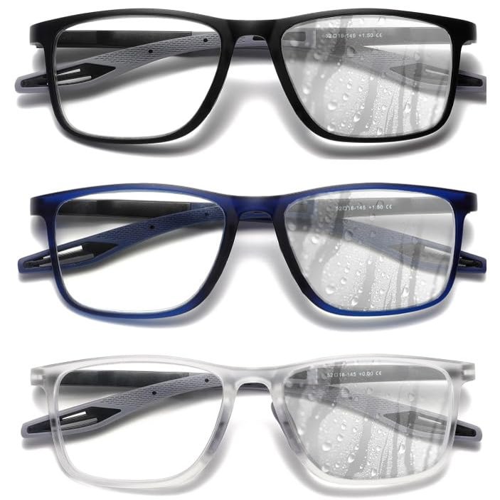 Hubeye TR90 Sports Glasses for Men and Women Ultralight Flexible Anti-Blue Light Computer glassesBlack+Matte Blue+Matte Transparent,+2.0