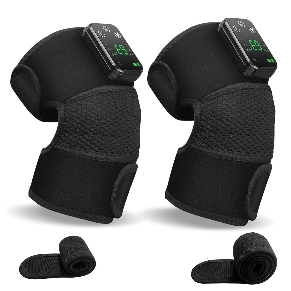 Cordless Knee Massager with Heat and Vibration for Pain Relief - Electric Heated Knee Brace Wrap with 3 Heat Levels & 3 Massage Modes, Portable Arthritis Joint Therapy for Men & Women (Black,Pair)