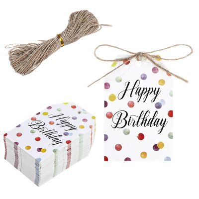 100 Pcs Happy Birthday Gift Tags Bag Tags for Gifts with String Personalized Birthday Labels Gift Stickers 8.5 X 5.5 Cm Colorful Dot Paper Tag for Presents Invitations Wish Cards Decoration