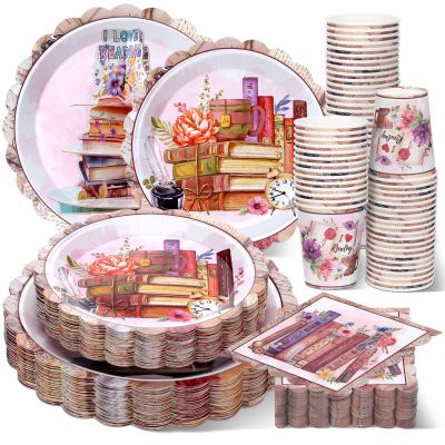 Havawish 250 Pcs Book Club Birthday Party Decorations Vintage Book Theme Party Supplies Library Reading Lover Bookworm Paper Plates Napkins Cups Disposable Tableware Set for 50 Guests(I Love Reading)