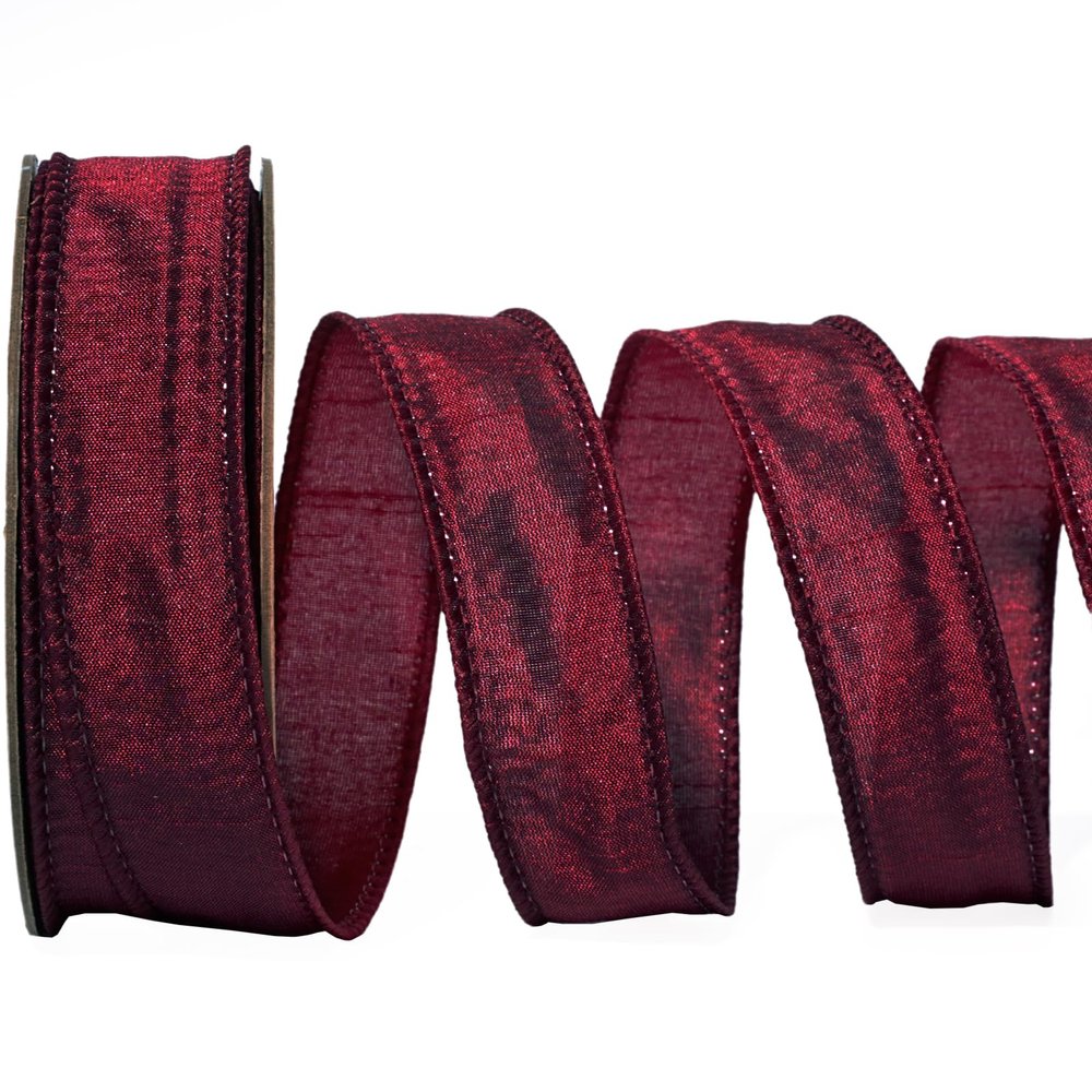 LaRibbons Burgundy Ribbon Wired Christmas Dupioni, 1" x 10 Yards