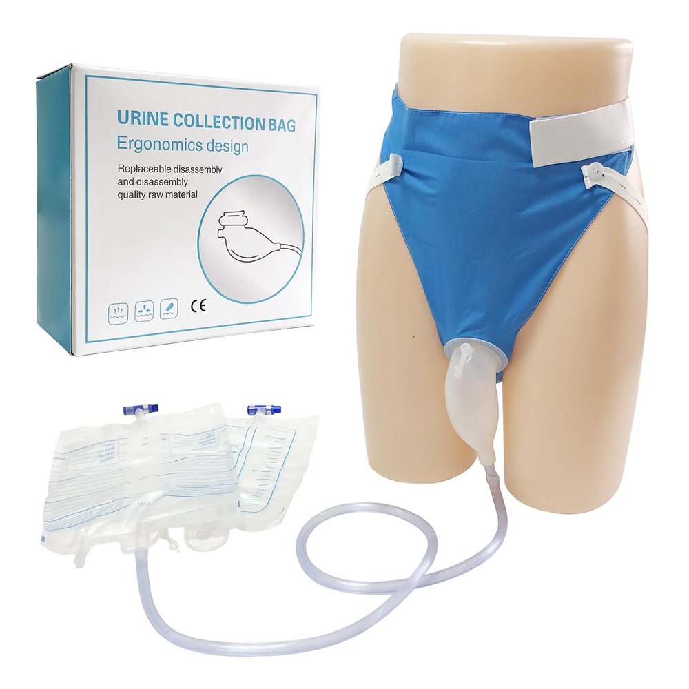 DWCHECK Wearable Urine Collection Bag External Catheter for Men,Reusable Portable Silicone Urinal with 1000ml and 2000ml Urine Catheter Bags,Blue