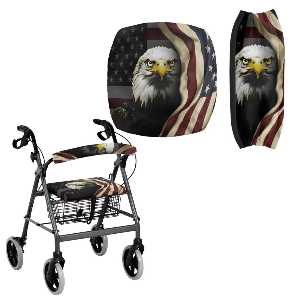 Uacyareni American Flag Eagle Black Walker Seat & Backrest Rollator Covers Set 2 Pieces Removable&Washable Roller Walker Cover Accessories for Seniors Men Women