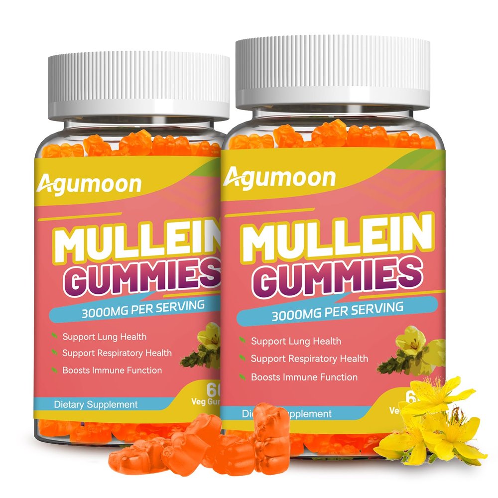 Agumoon 2PACK 3000MG Mullein Gummies, Extra Strength Mullein Leaf Extract with Quercetin, Bromelain for Lung Detox & Immune Support, Mango Flavor, 120 Count