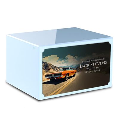 GetUrns Heritage Adult Classic Car Cremation Urn for Human Ashes I Light Blue Wood Funeral Urns for Male and Female I 213lbs