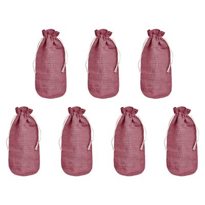 Jucobee Deep Red Shade Jute Bottle Bags Set of 7 Reusable Drawstring Pouches (13.77 x 7.09 x 3.93) for Elegant, Eco-Conscious Gifting