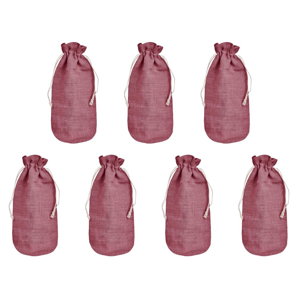 Jucobee Deep Red Shade Jute Bottle Bags Set of 7 Reusable Drawstring Pouches (13.77 x 7.09 x 3.93) for Elegant, Eco-Conscious Gifting