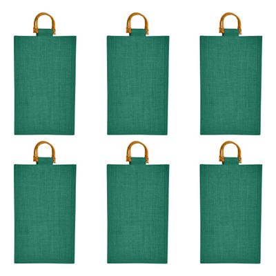 Jucobee 6-Pack Reusable Jute Wine Totes (13.38 x 7.88 x 3.93), 2-Bottle Eco-Friendly Burlap Bags with Cane Handles for Gifting, Parties, Weddings & Holidays Green Shades