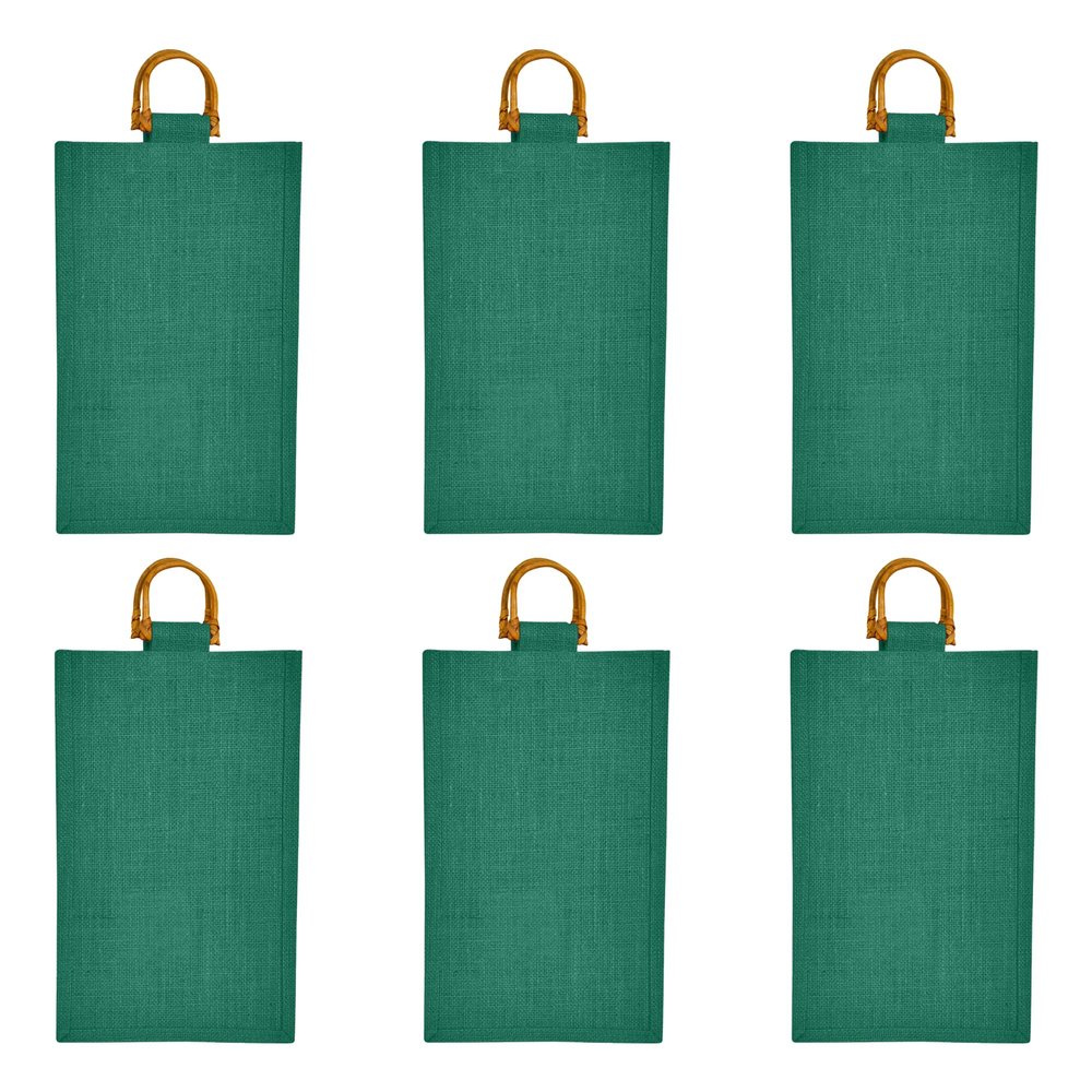 Jucobee 6-Pack Reusable Jute Wine Totes (13.38 x 7.88 x 3.93), 2-Bottle Eco-Friendly Burlap Bags with Cane Handles for Gifting, Parties, Weddings & Holidays Green Shades