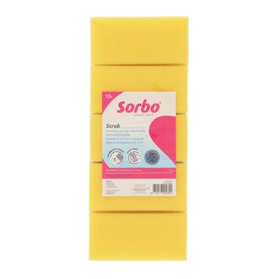 Sorbo Scouring Pads - Set of 10 with Handle - 14 x 7 x 4.5 cm - Green Scouring Surface - Viscose Cleaning Sponges - Ergonomic & Durable - for Kitchen, Bathroom & Household