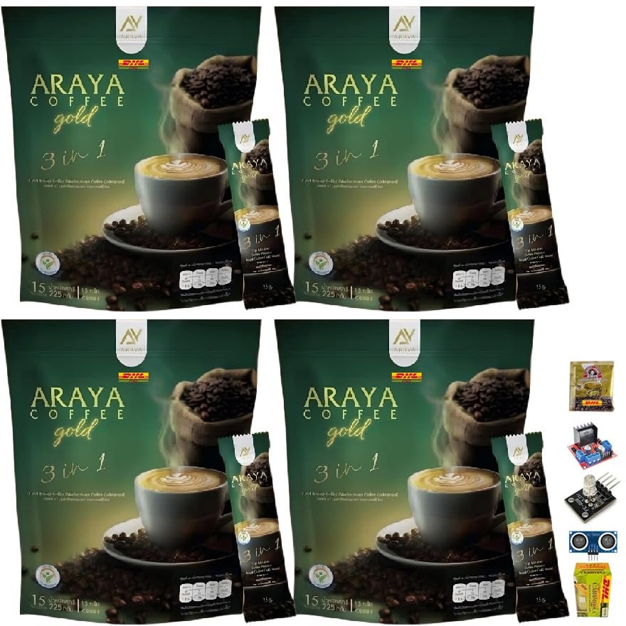 ArayaCoffeeGold 3 in 1 Arabica Roasted Coffee Delicious Intense Much Mellow Fruit Snack 15 Sachet/Pack(225g) (of 4) By Beautygoodshop [Get Free For You Beauty Gifts]