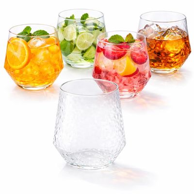 Oojami 40 count Diamond Unbreakable Stemless Plastic Wine Champagne Whiskey Glasses Elegant Durable Disposable Indoor Outdoor Ideal for Home, Office, Bars, Wedding, 12 Ounce Cups (Hammered Clear)