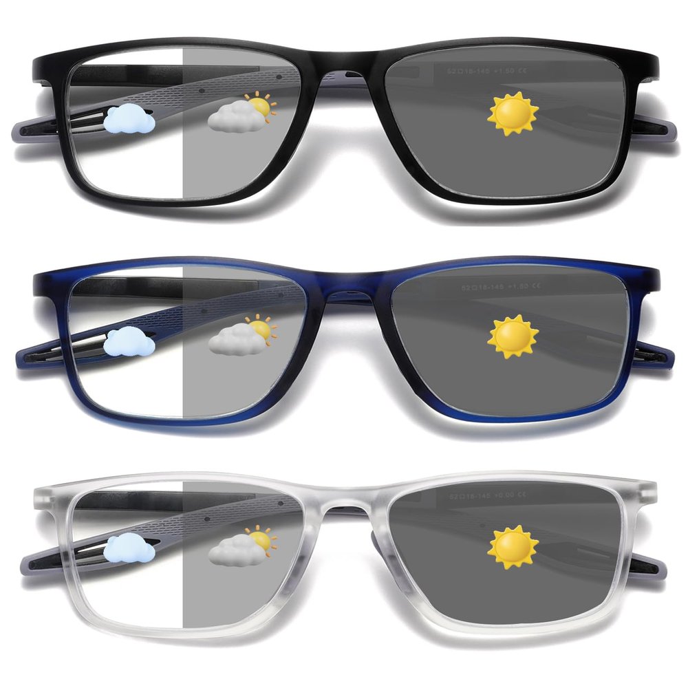 Hubeye Photochromic Reading Glasses for Men and Women TR90 Sport Reader Anti Glare UV Ray Filter Photochromic Black/Photochromic Blue/Photochromic Clear2.5