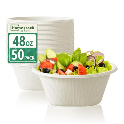 Homestockplus 48 Oz Bowls Disposable - Heavy Duty Compostable Paper Bowls, Microwave Safe Large Bowls, Ideal for Restaurant Catering, Salads, Buffets & Eco-Friendly Use - 50 Pack [White]