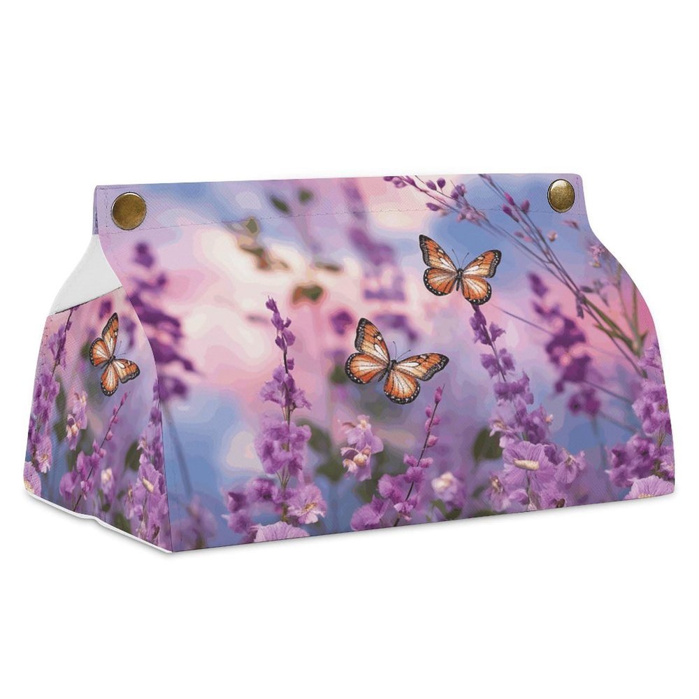 Lavender with Butterflies Tissue Box Cover Rectangle Modern PU Leather Tissue Holder Farmhouse Napkin Holders Decorative Tissues Box Holder for Bathroom Kitchen Office Bedroom Dresser