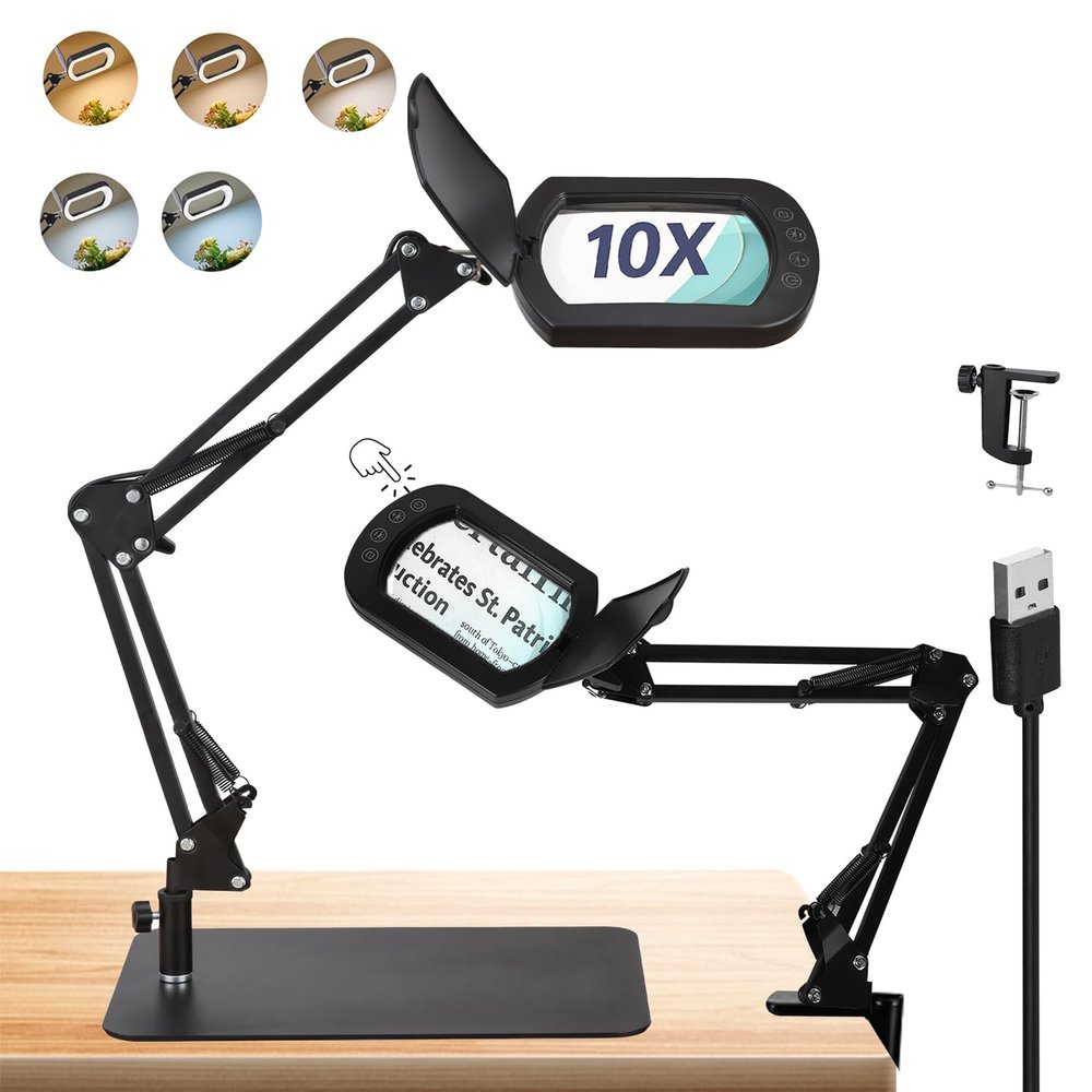 10X Magnifying Glass with Light and Stand: 2-in-1 LED Lighted Magnifier Lamp with Clamp - Hands Free Magnifying Glasses Desk Lamp for Reading Close Work Painting Craft Hobby