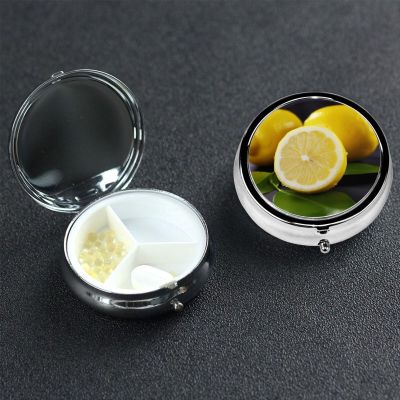 Yellow Lemon Pill Box with Mirror 3 Compartment Decorative Pill Case for Purse or Pocket Small Round Pill Organizer Weekly Metal Medicine Tablet Vitamin Holder Travel Gift