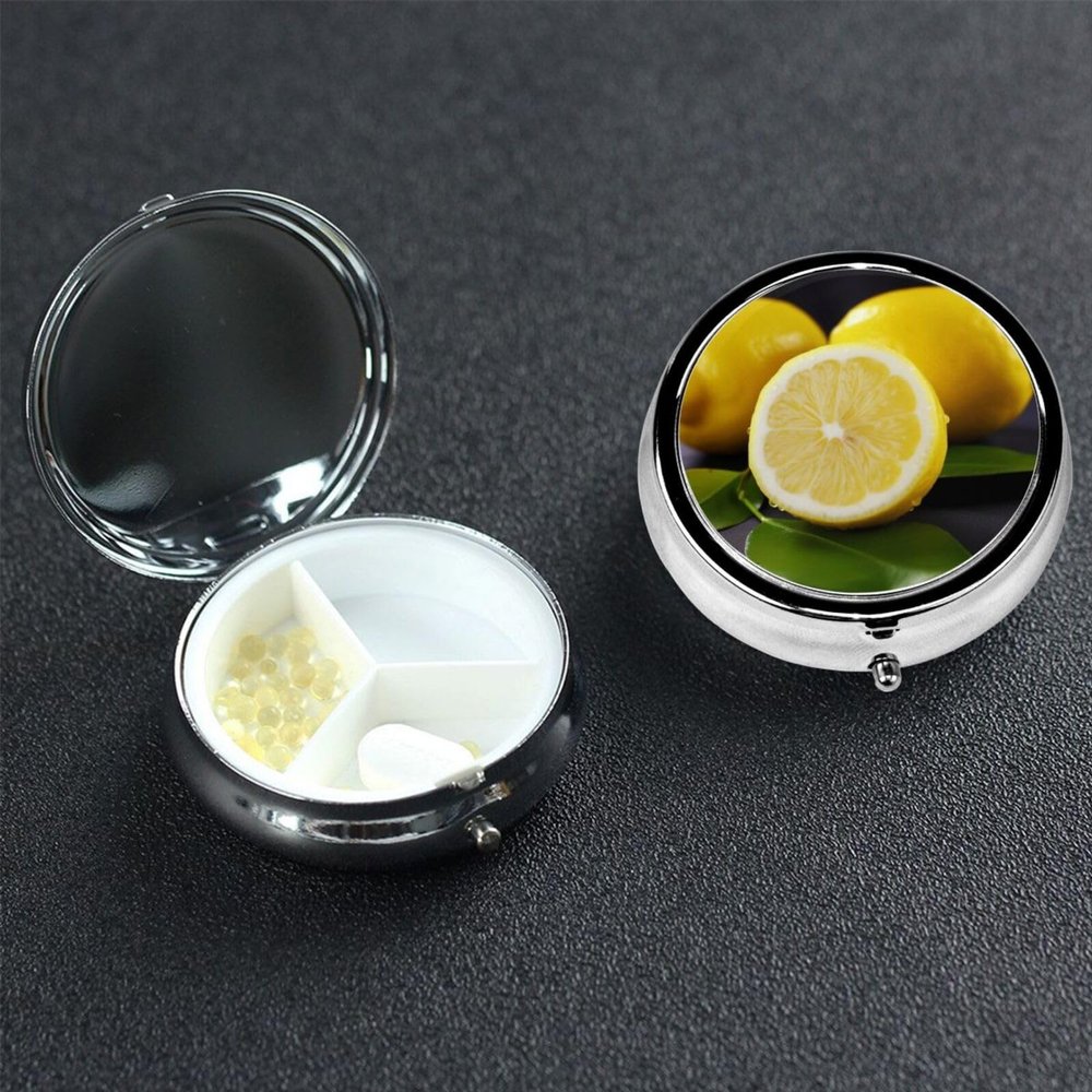 Yellow Lemon Pill Box with Mirror 3 Compartment Decorative Pill Case for Purse or Pocket Small Round Pill Organizer Weekly Metal Medicine Tablet Vitamin Holder Travel Gift